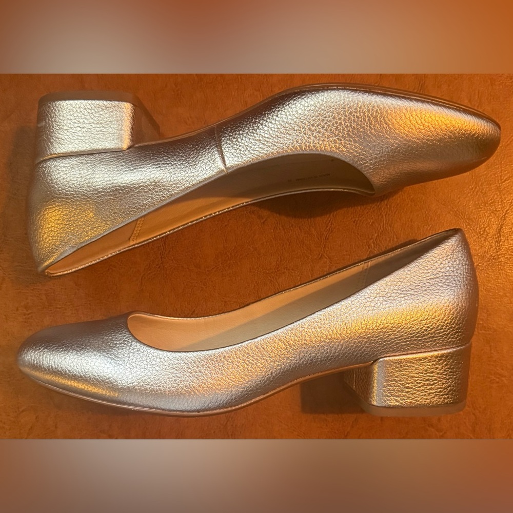 Dune London Bracket Gold Leather Block Heel Pumps 39 US 8.5 Wide - Picture 8 of 12